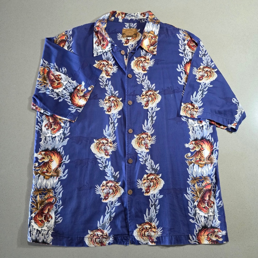 Bullhead Mens XL Blue Tiger Flame Graphic Button Up Short Sleeve Shirt Casual